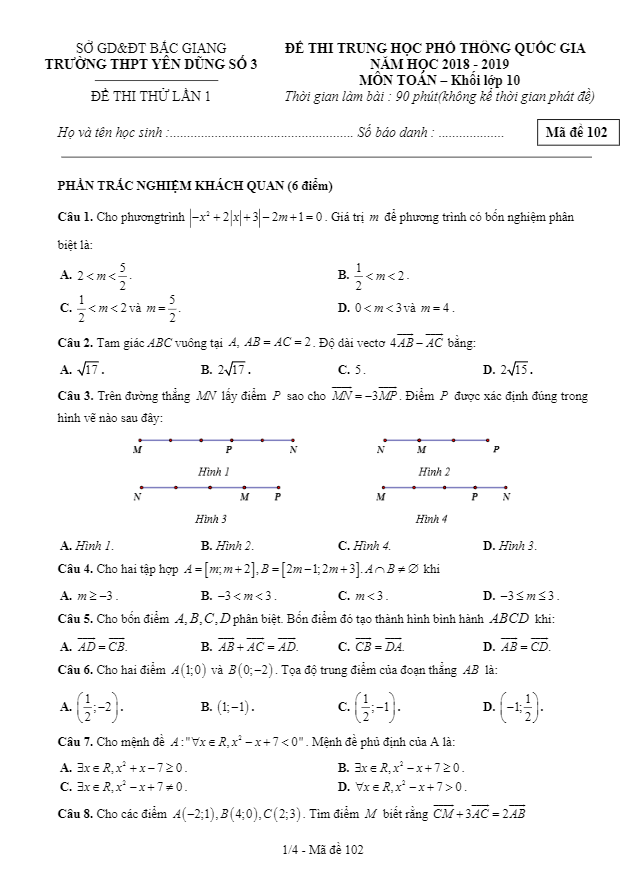 Đề thi THPT Quốc gia môn Toán 10 năm 2018 – 2019 trường Yên Dũng 3 – Bắc Giang lần 1