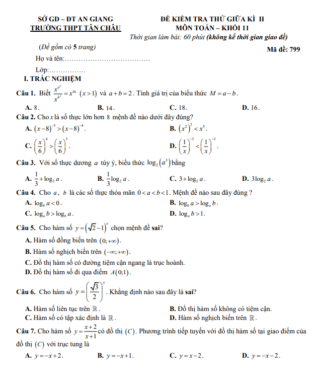 Đề thi thử giữa kì 2 Toán 11 năm 2023 – 2024 trường THPT Tân Châu – An Giang