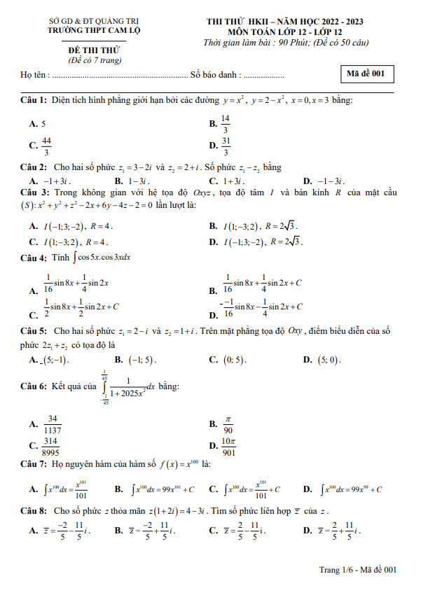 Đề thi thử HK2 Toán 12 năm 2022 – 2023 trường THPT Cam Lộ – Quảng Trị