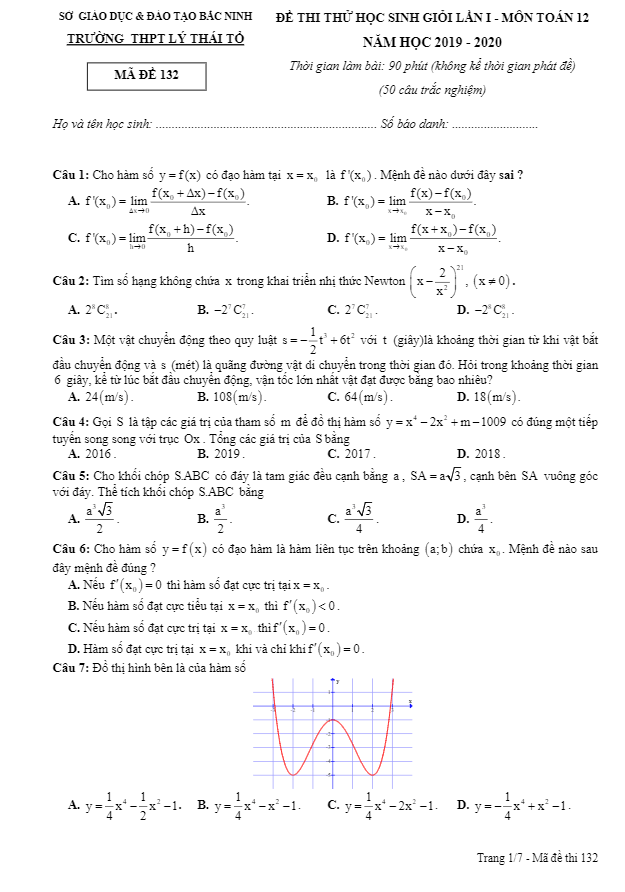 Đề thi thử HSG lần 1 Toán 12 năm 2019 – 2020 trường Lý Thái Tổ – Bắc Ninh