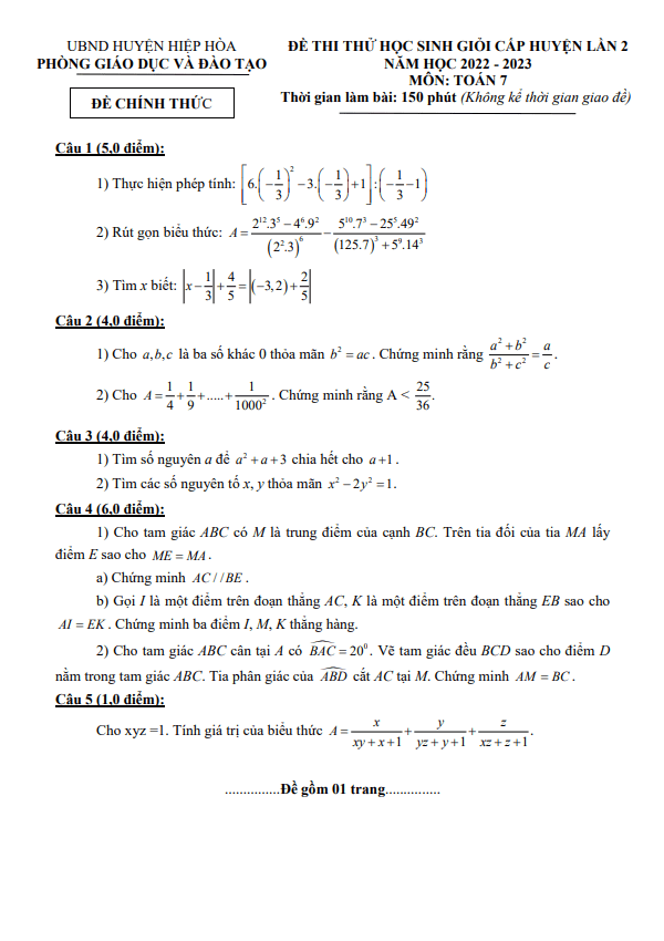 Đề thi thử HSG lần 2 Toán 7 năm 2022 – 2023 phòng GD&ĐT Hiệp Hòa – Bắc Giang