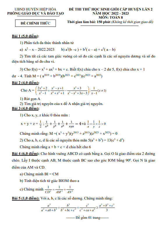 Đề thi thử HSG lần 2 Toán 8 năm 2022 – 2023 phòng GD&ĐT Hiệp Hòa – Bắc Giang
