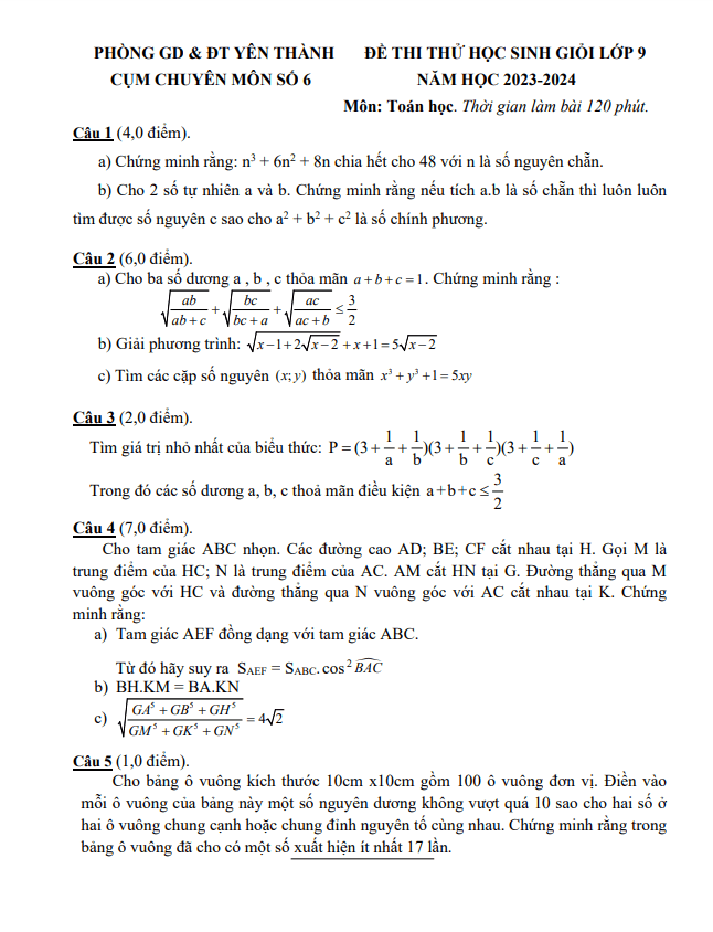 Đề thi thử HSG Toán 9 năm 2023 – 2024 cụm chuyên môn 6 Yên Thành – Nghệ An