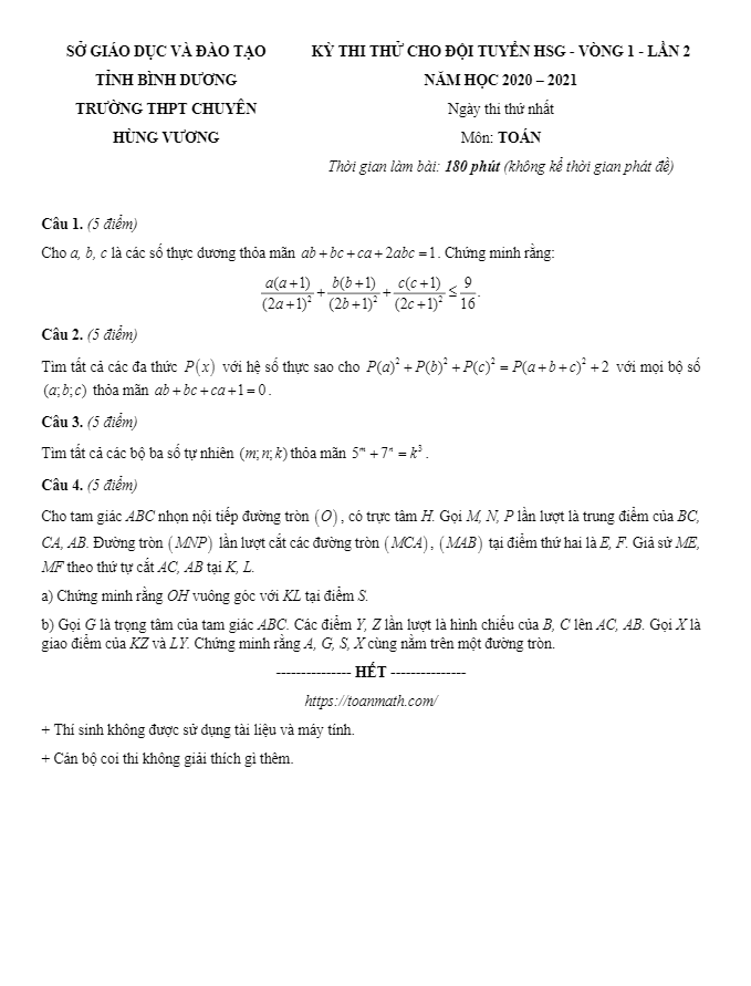 Đề thi thử HSG Toán vòng 1 lần 2 năm 2020 – 2021 trường chuyên Hùng Vương – Bình Dương