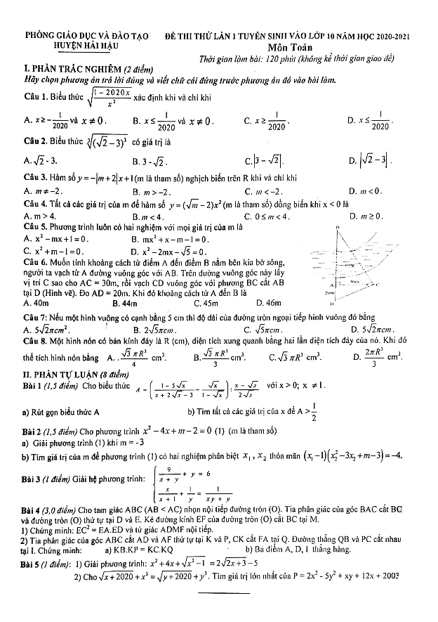 Đề thi thử lần 1 vào 10 môn Toán năm 2020 – 2021 phòng GD&ĐT Hải Hậu – Nam Định