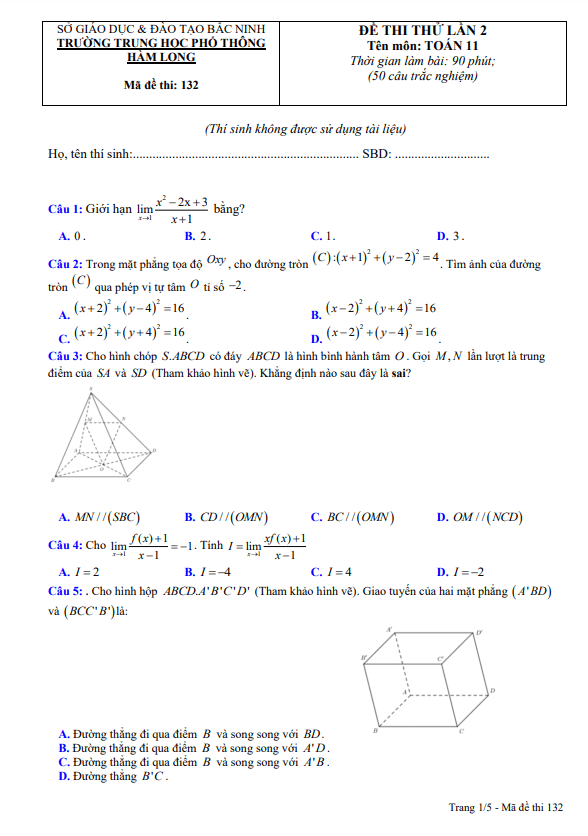 Đề thi thử lần 2 Toán 11 năm 2021 – 2022 trường THPT Hàm Long – Bắc Ninh