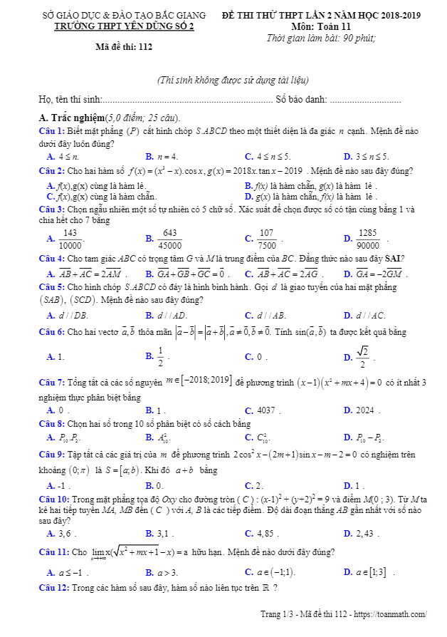 Đề thi thử THPT Toán 11 lần 2 năm 2018 – 2019 trường Yên Dũng 2 – Bắc Giang