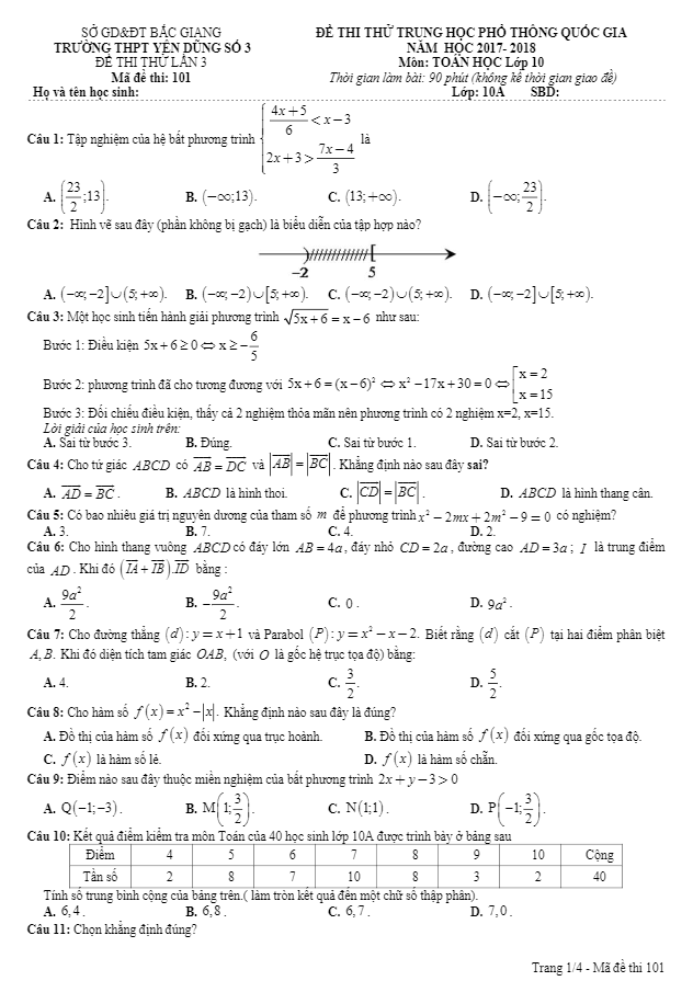 Đề thi thử THPTQG năm 2017 – 2018 Toán 10 trường Yên Dũng 3 – Bắc Giang lần 3