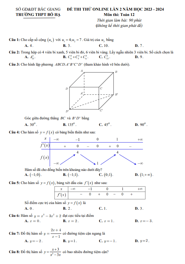 Đề thi thử TN 2024 online lần 2 môn Toán trường THPT Bố Hạ – Bắc Giang