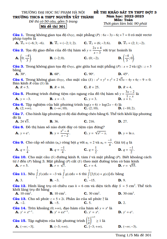 Đề thi thử TN THPT 2023 môn Toán đợt 3 trường Nguyễn Tất Thành – Hà Nội