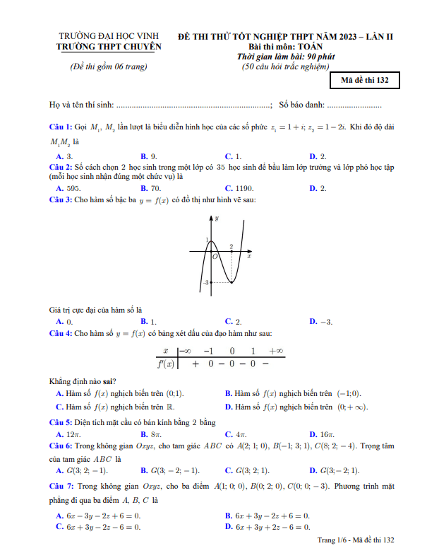 Đề thi thử TN THPT 2023 môn Toán lần 2 trường THPT chuyên ĐH Vinh – Nghệ An