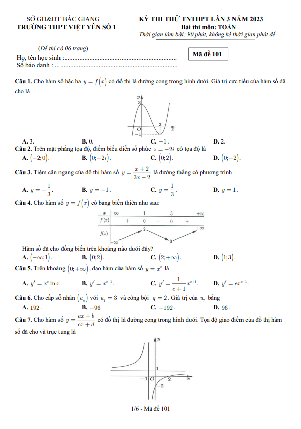 Đề thi thử TN THPT 2023 môn Toán lần 3 trường THPT Việt Yên 1 – Bắc Giang