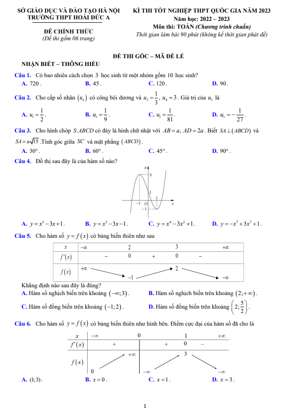 Đề thi thử TN THPT 2023 môn Toán trường THPT Hoài Đức A – Hà Nội