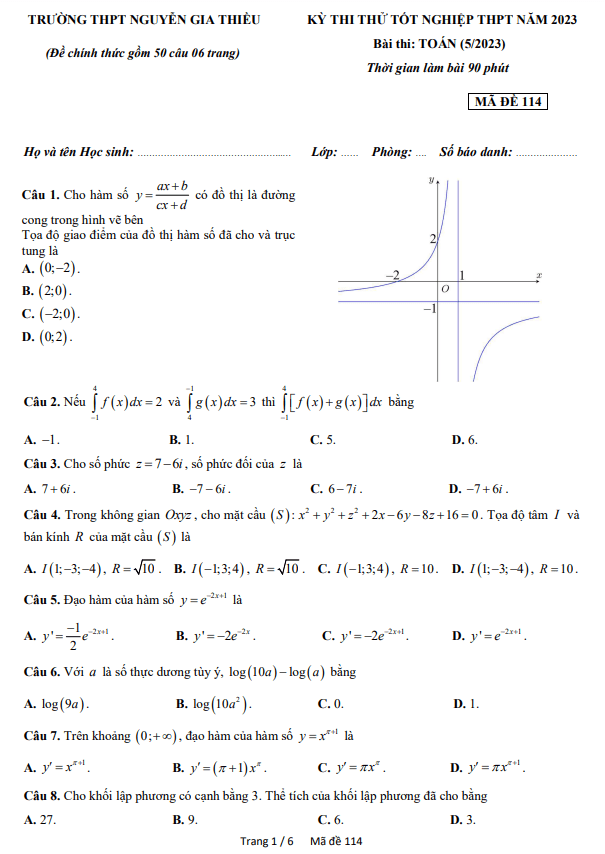 Đề thi thử TN THPT 2023 môn Toán trường THPT Nguyễn Gia Thiều – Hà Nội