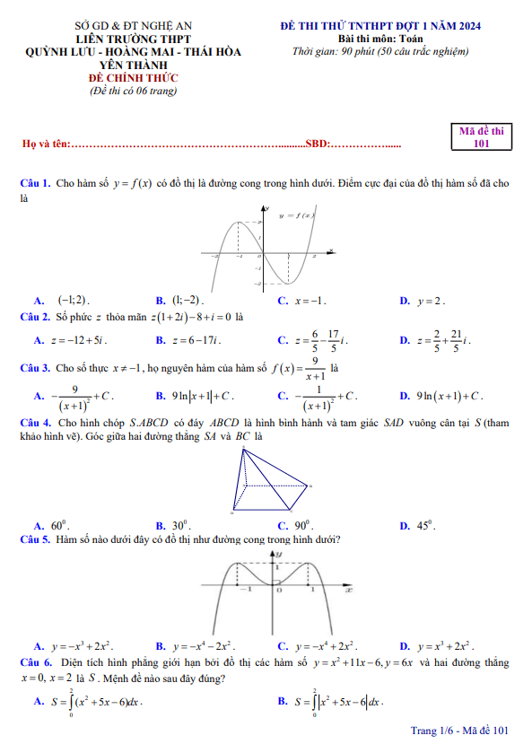 Đề thi thử TN THPT 2024 đợt 1 môn Toán liên trường THPT – Nghệ An