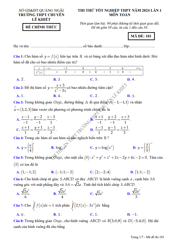 Đề thi thử TN THPT 2024 lần 1 môn Toán trường chuyên Lê Khiết – Quảng Ngãi