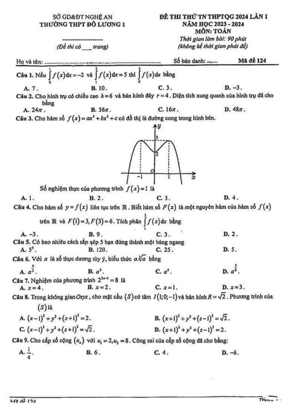 Đề thi thử TN THPT 2024 lần 1 môn Toán trường THPT Đô Lương 1 – Nghệ An