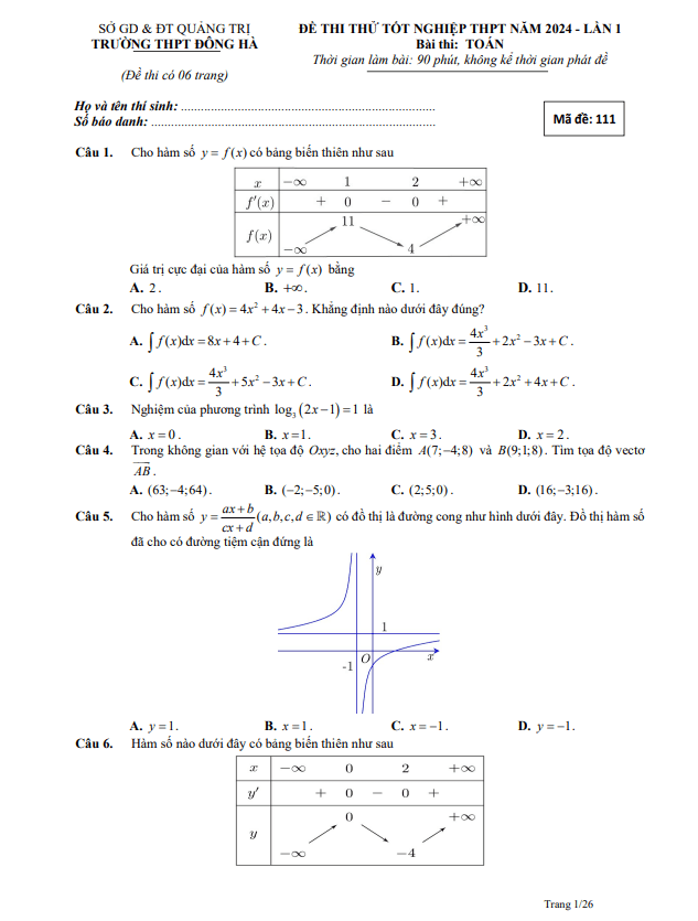 Đề thi thử TN THPT 2024 lần 1 môn Toán trường THPT Đông Hà – Quảng Trị