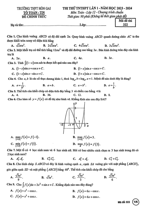 Đề thi thử TN THPT 2024 lần 1 môn Toán trường THPT Hòn Gai – Quảng Ninh