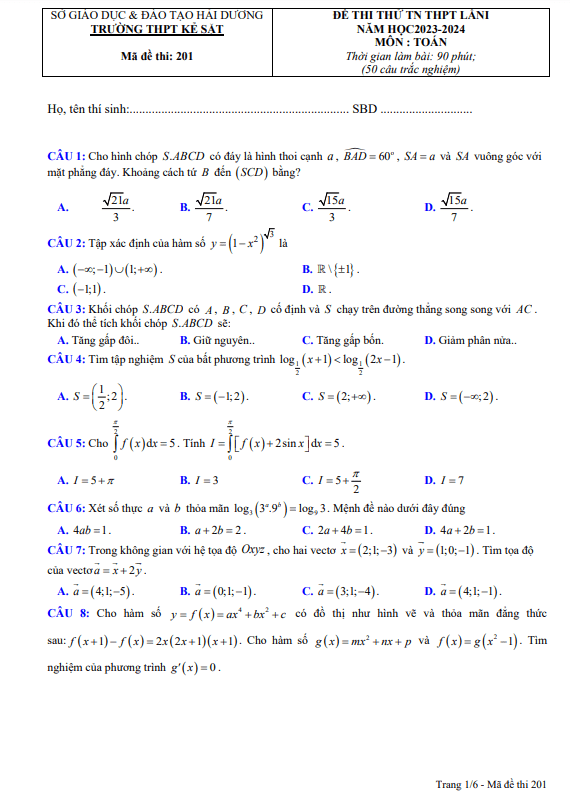 Đề thi thử TN THPT 2024 lần 1 môn Toán trường THPT Kẻ Sặt – Hải Dương