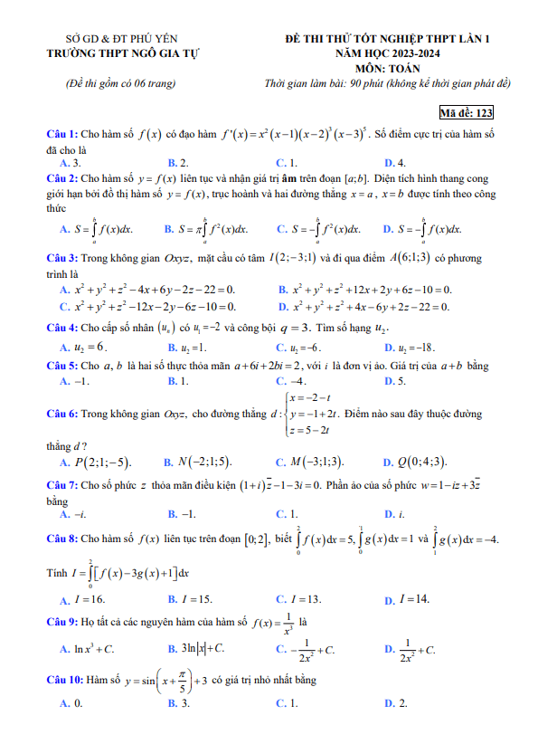 Đề thi thử TN THPT 2024 lần 1 môn Toán trường THPT Ngô Gia Tự – Phú Yên