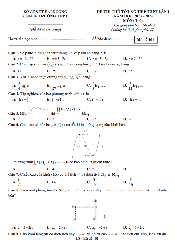 Đề thi thử TN THPT 2024 môn Toán lần 1 cụm 07 trường THPT – Hải Dương
