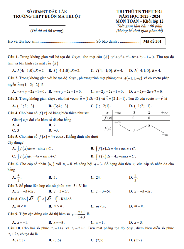 Đề thi thử TN THPT 2024 môn Toán trường THPT Buôn Ma Thuột – Đắk Lắk