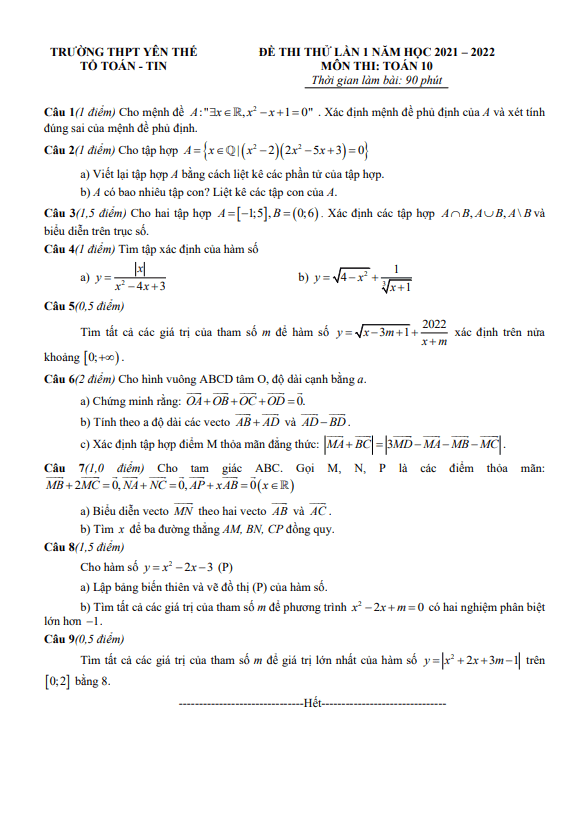 Đề thi thử Toán 10 lần 1 năm 2021 – 2022 trường THPT Yên Thế – Bắc Giang
