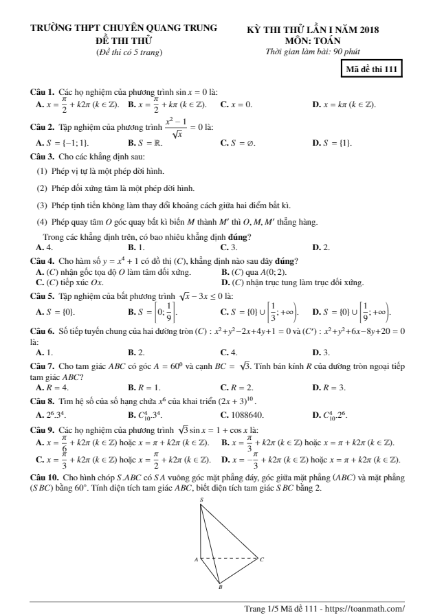 Đề thi thử Toán 11 lần 1 năm 2018 trường THPT chuyên Quang Trung – Bình Phước
