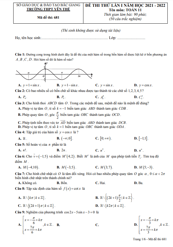 Đề thi thử Toán 11 lần 1 năm 2021 – 2022 trường THPT Yên Thế – Bắc Giang