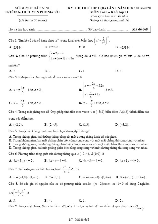 Đề thi thử Toán 11 THPT QG 2019 – 2020 lần 1 trường Yên Phong 1 – Bắc Ninh