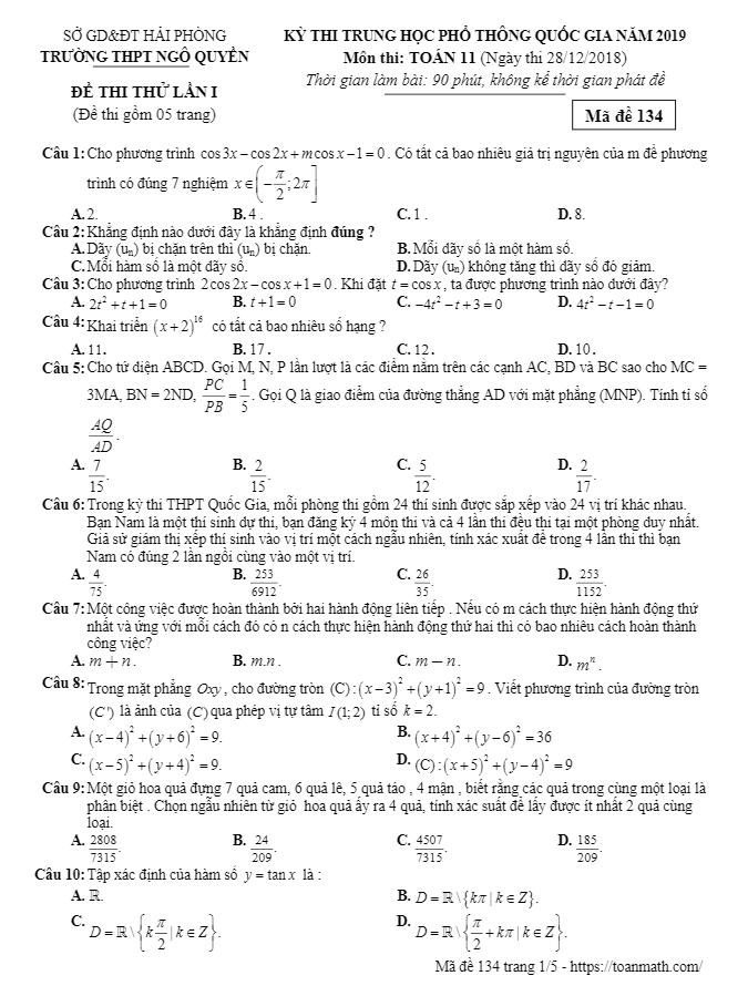 Đề thi thử Toán 11 THPT Quốc gia 2019 trường Ngô Quyền – Hải Phòng lần 1