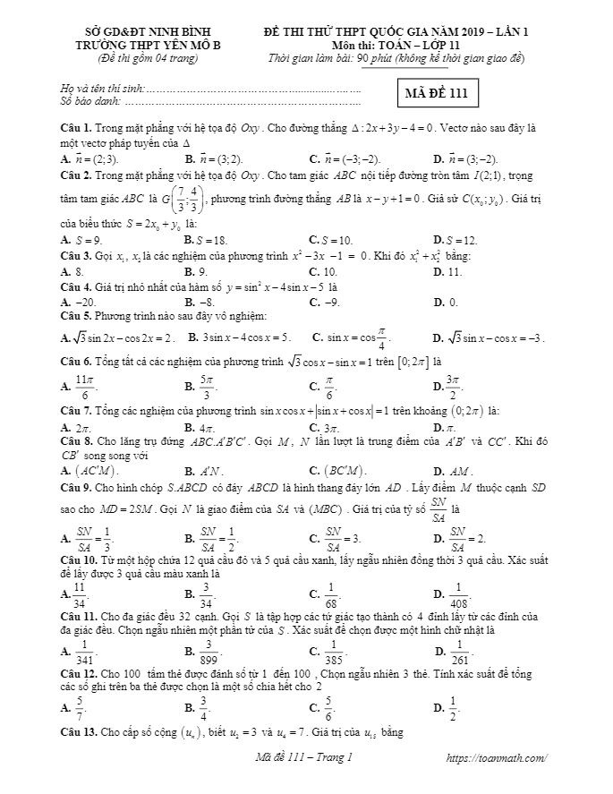 Đề thi thử Toán 11 THPT Quốc gia 2019 trường Yên Mô B – Ninh Bình lần 1