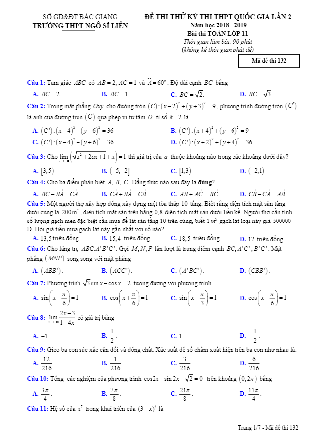 Đề thi thử Toán 11 THPTQG 2019 lần 2 trường Ngô Sĩ Liên – Bắc Giang