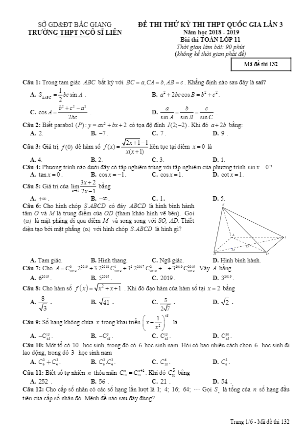 Đề thi thử Toán 11 THPTQG 2019 lần 3 trường Ngô Sĩ Liên – Bắc Giang