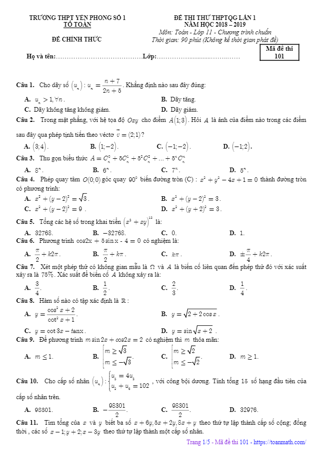 Đề thi thử Toán 11 THPTQG 2019 trường THPT Yên Phong 1 – Bắc Ninh lần 1