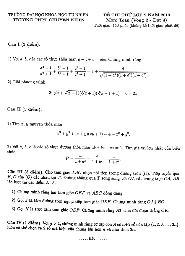 Đề thi thử Toán 9 năm 2019 trường THPT chuyên KHTN – Hà Nội (Vòng 2 – Đợt 4)