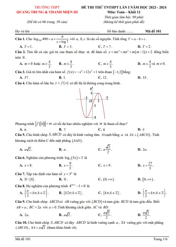 Đề thi thử Toán TN 2024 lần 1 trường THPT Quang Trung & Thanh Miện 3 – Hải Dương