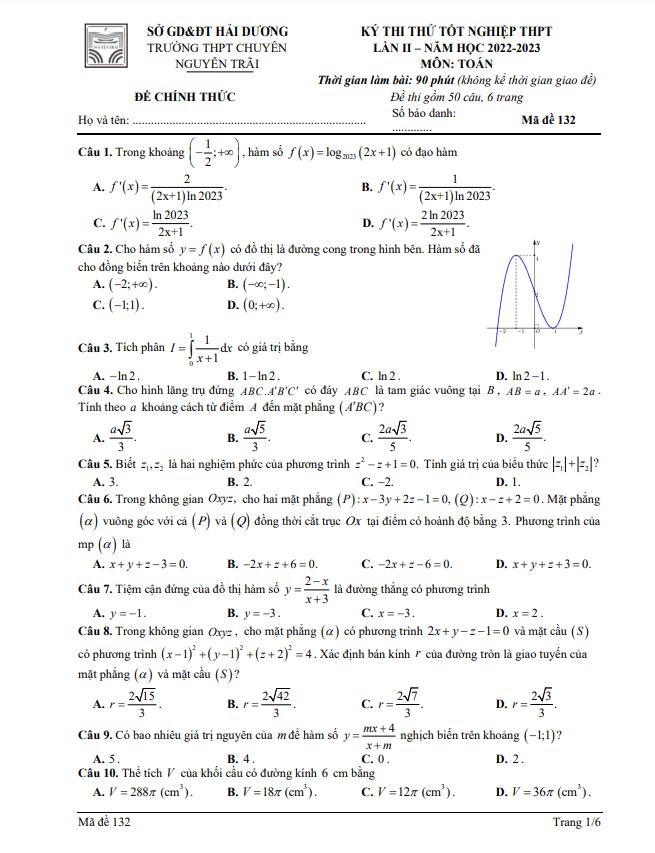 Đề thi thử Toán TN THPT 2023 lần 2 trường chuyên Nguyễn Trãi – Hải Dương