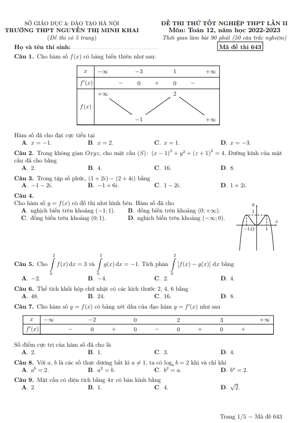 Đề thi thử Toán TN THPT 2023 lần 2 trường Nguyễn Thị Minh Khai – Hà Nội