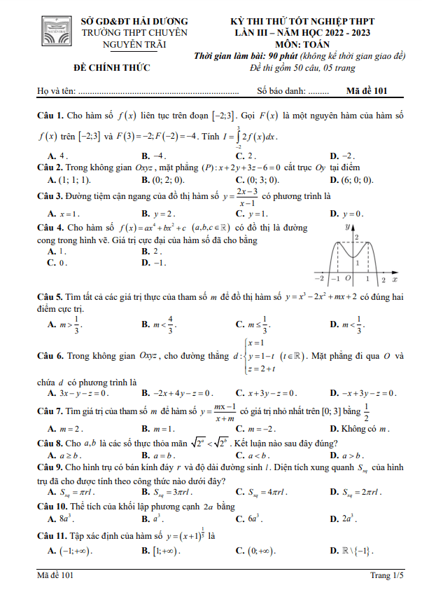 Đề thi thử Toán TN THPT 2023 lần 3 trường chuyên Nguyễn Trãi – Hải Dương