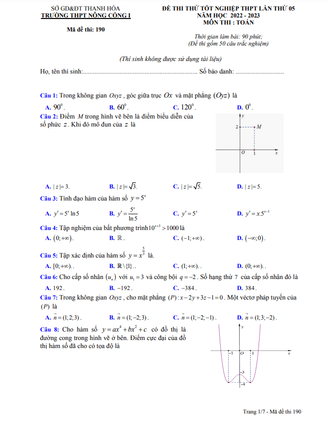Đề thi thử Toán TN THPT 2023 lần 5 trường THPT Nông Cống 1 – Thanh Hóa