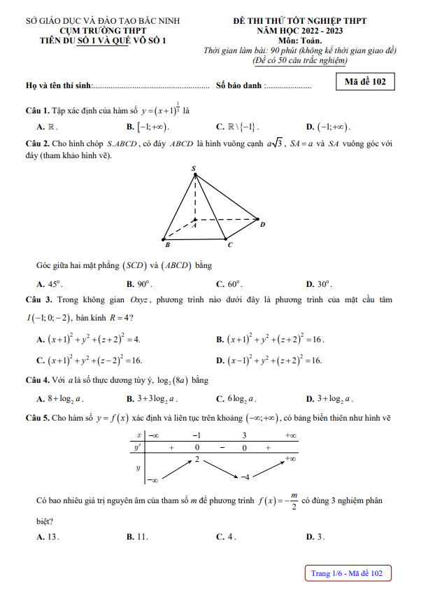 Đề thi thử Toán TN THPT 2023 trường THPT Tiên Du 1 & Quế Võ 1 – Bắc Ninh