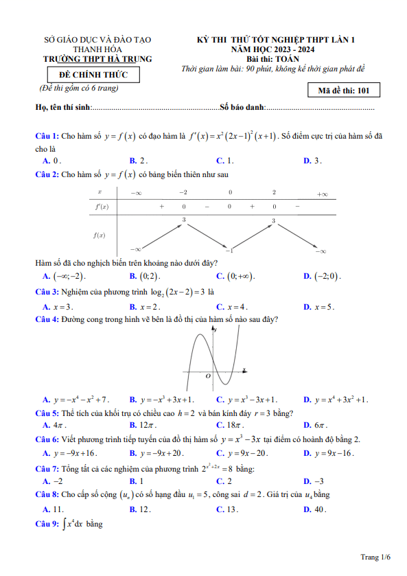 Đề thi thử Toán TN THPT 2024 lần 1 trường THPT Hà Trung – Thanh Hóa