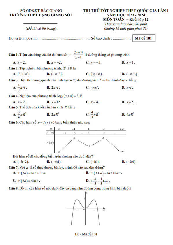 Đề thi thử Toán TN THPT 2024 lần 1 trường THPT Lạng Giang 1 – Bắc Giang