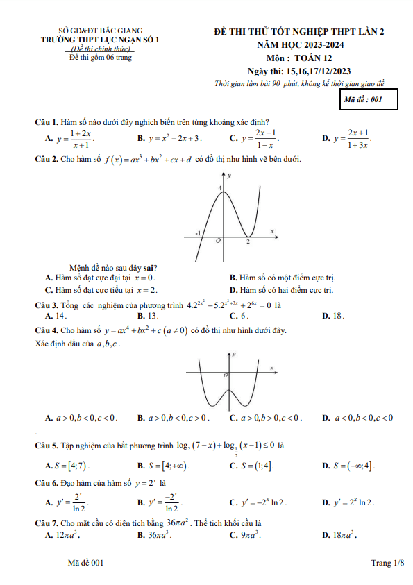 Đề thi thử Toán TN THPT 2024 lần 2 trường THPT Lục Ngạn 1 – Bắc Giang