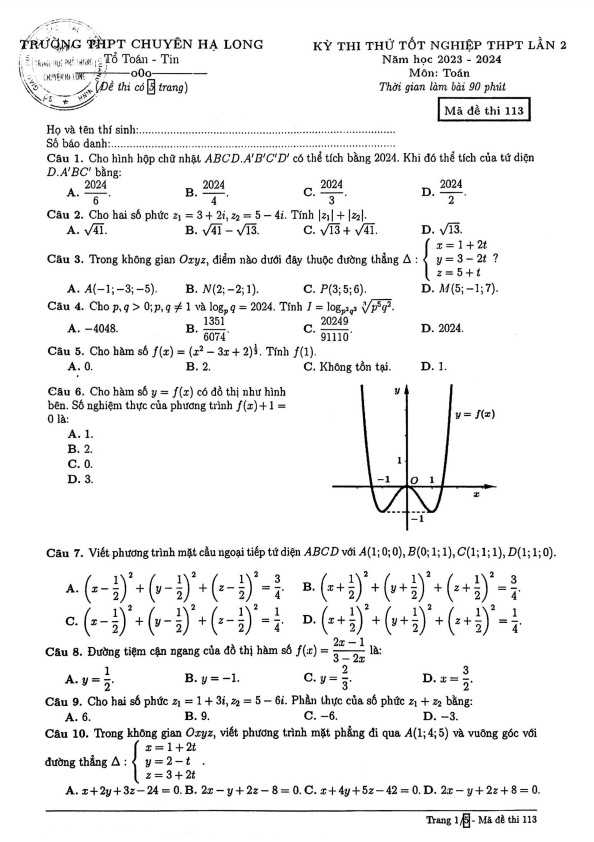 Đề thi thử Toán tốt nghiệp THPT 2024 lần 2 trường chuyên Hạ Long – Quảng Ninh
