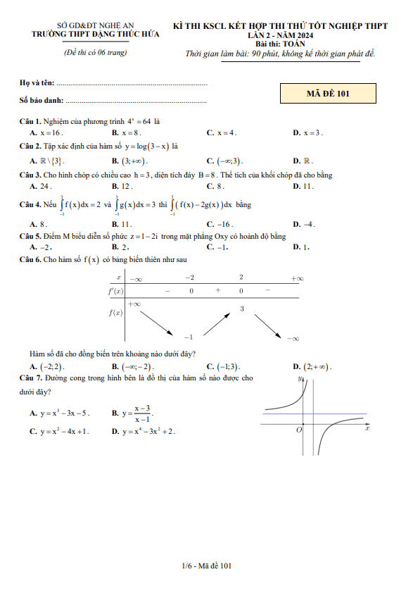 Đề thi thử Toán tốt nghiệp THPT 2024 lần 2 trường THPT Đặng Thúc Hứa – Nghệ An