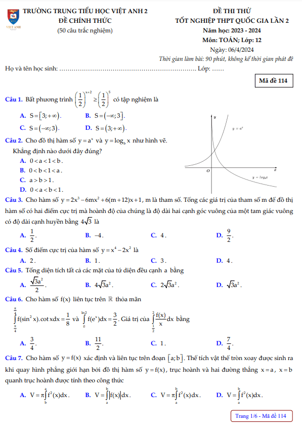 Đề thi thử Toán tốt nghiệp THPT 2024 lần 2 trường Việt Anh 2 – Bình Dương