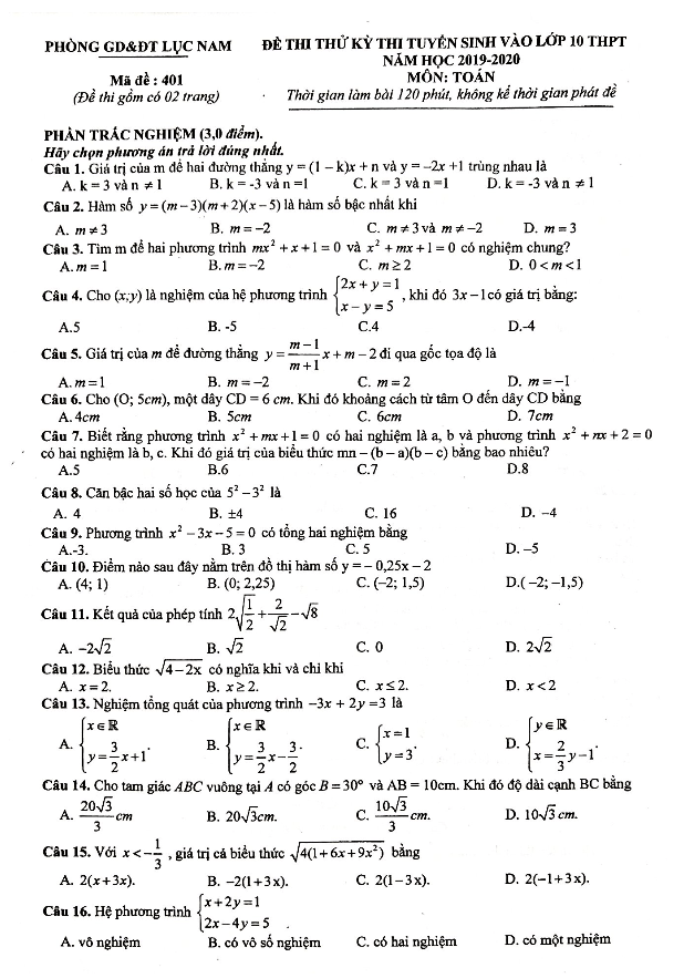 Đề thi thử Toán tuyển sinh 10 năm 2019 – 2020 phòng GD&ĐT Lục Nam – Bắc Giang